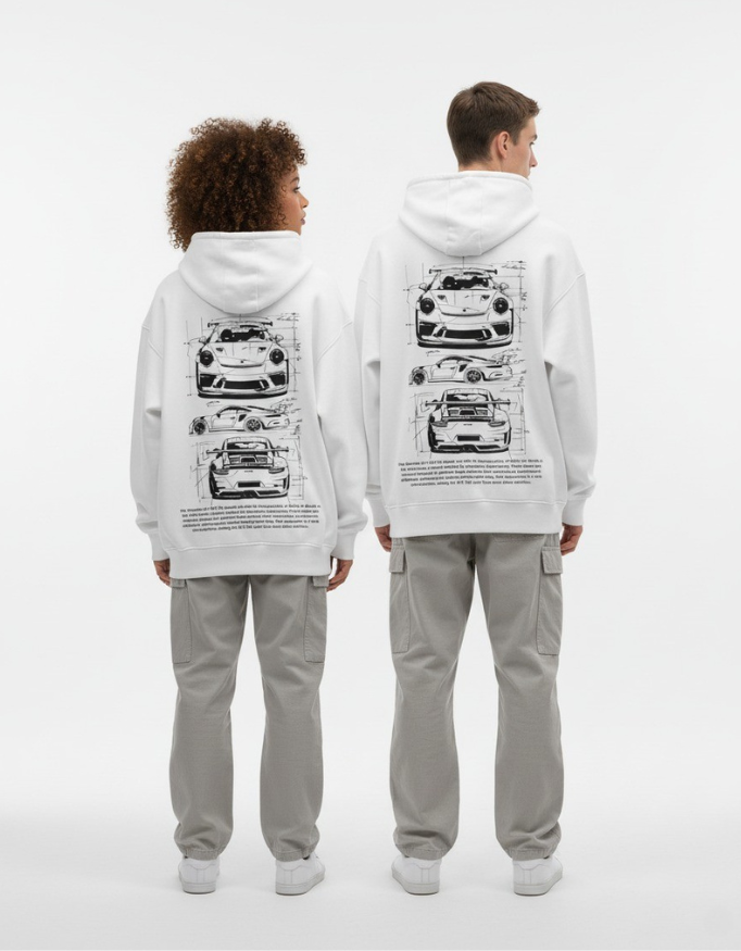 Porsche 911 GT3 RS Blueprint White Oversize Hoodie